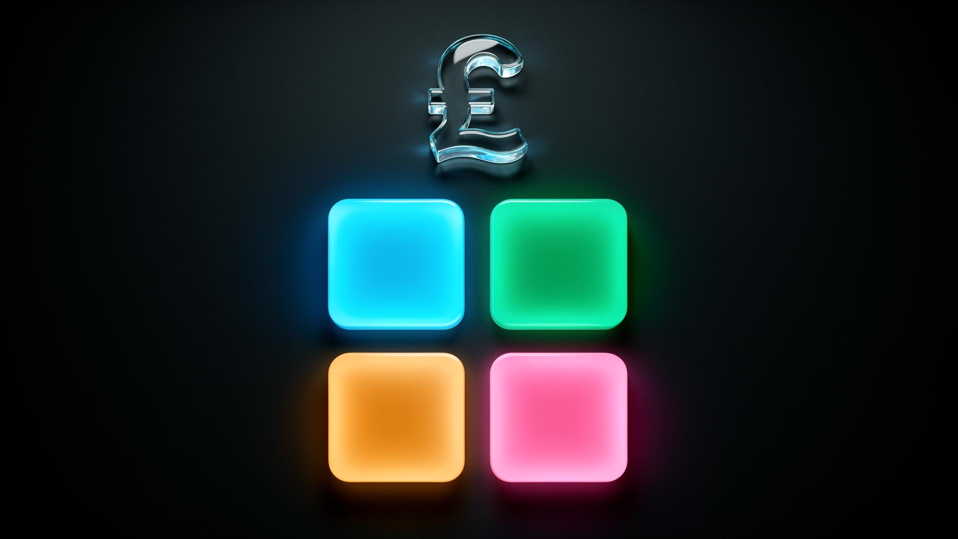 Four glowing tiles representing Apollo Cognism ZoomInfo and Lusha under a translucent UK pound symbol on dark slate background