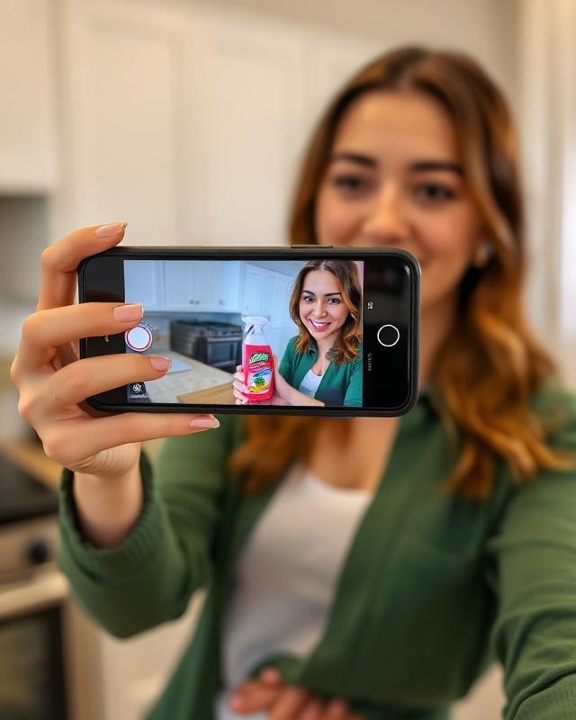 Woman filming a TikTok response video demonstrating a product