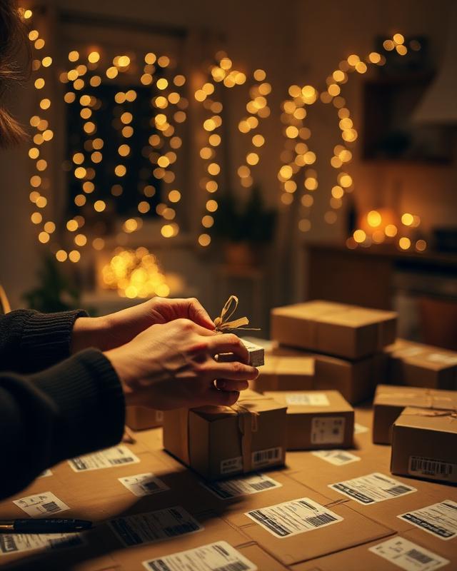 Entrepreneur hand-wrapping orders at night with fairy lights