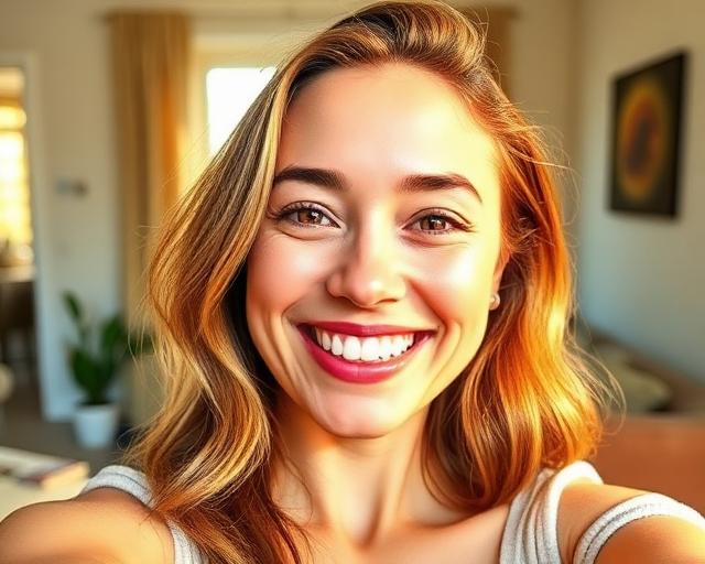 Happy woman showing clear glowing skin after skincare routine