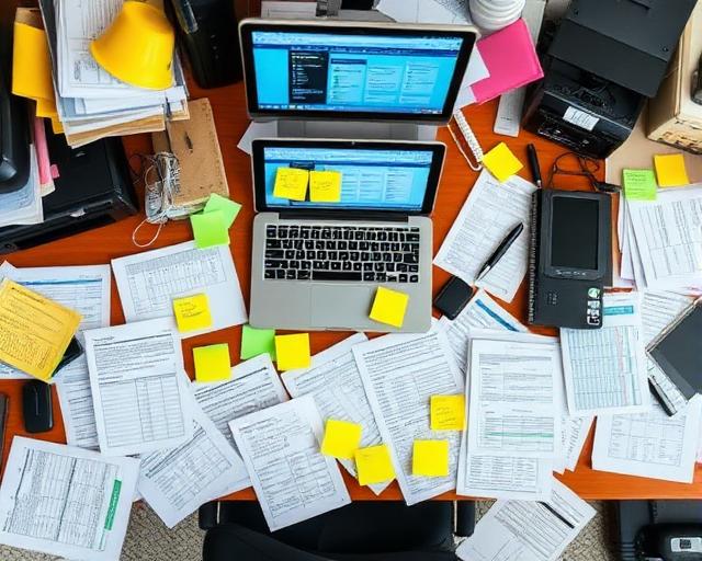Chaotic desk covered in spreadsheets and sticky notes