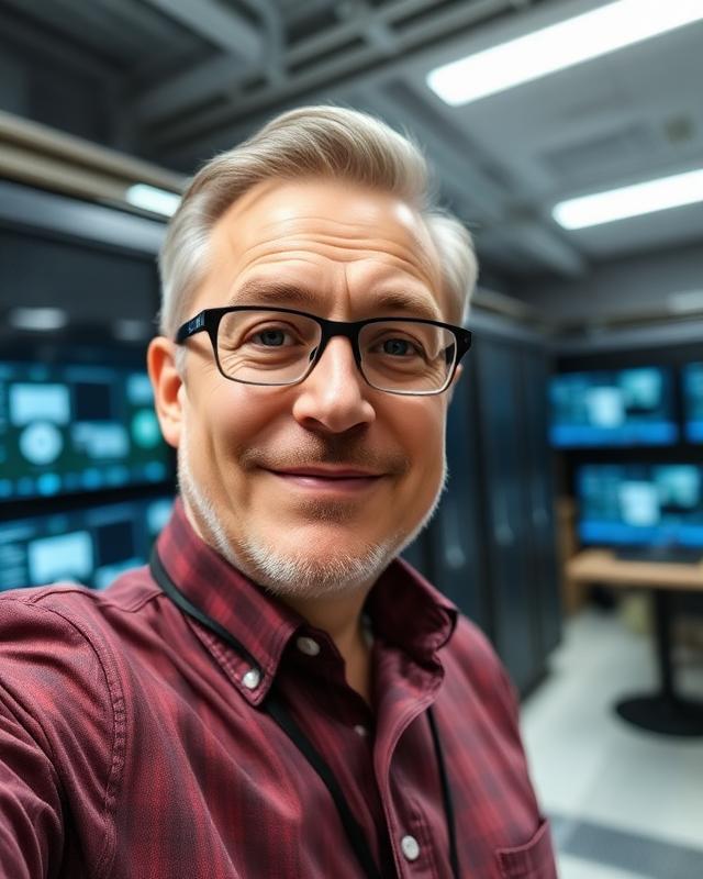 IT Director recording a selfie testimonial video in a server room