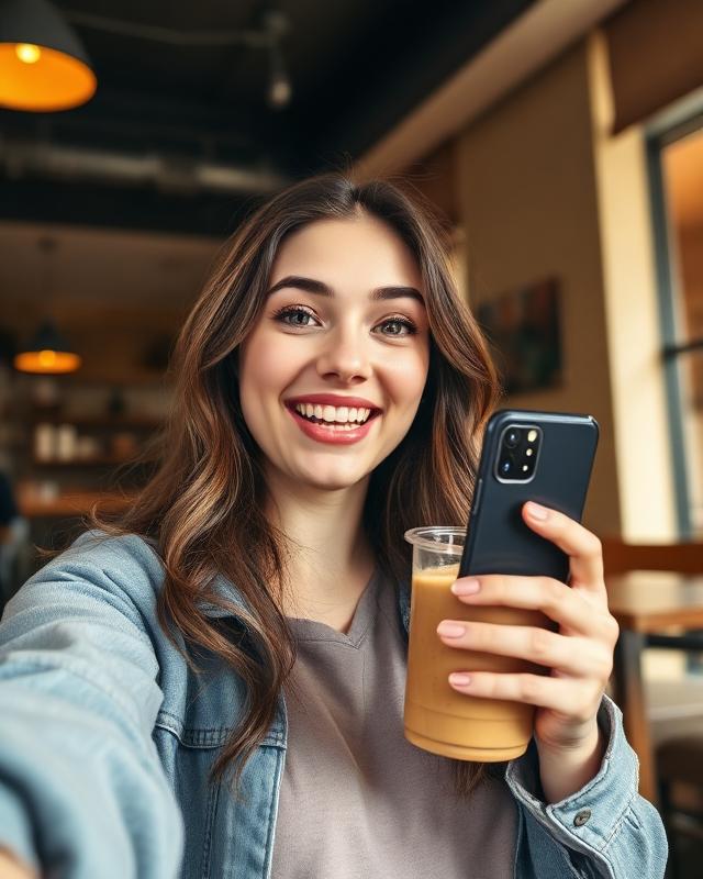 Woman filming a casual UGC product review in a coffee shop