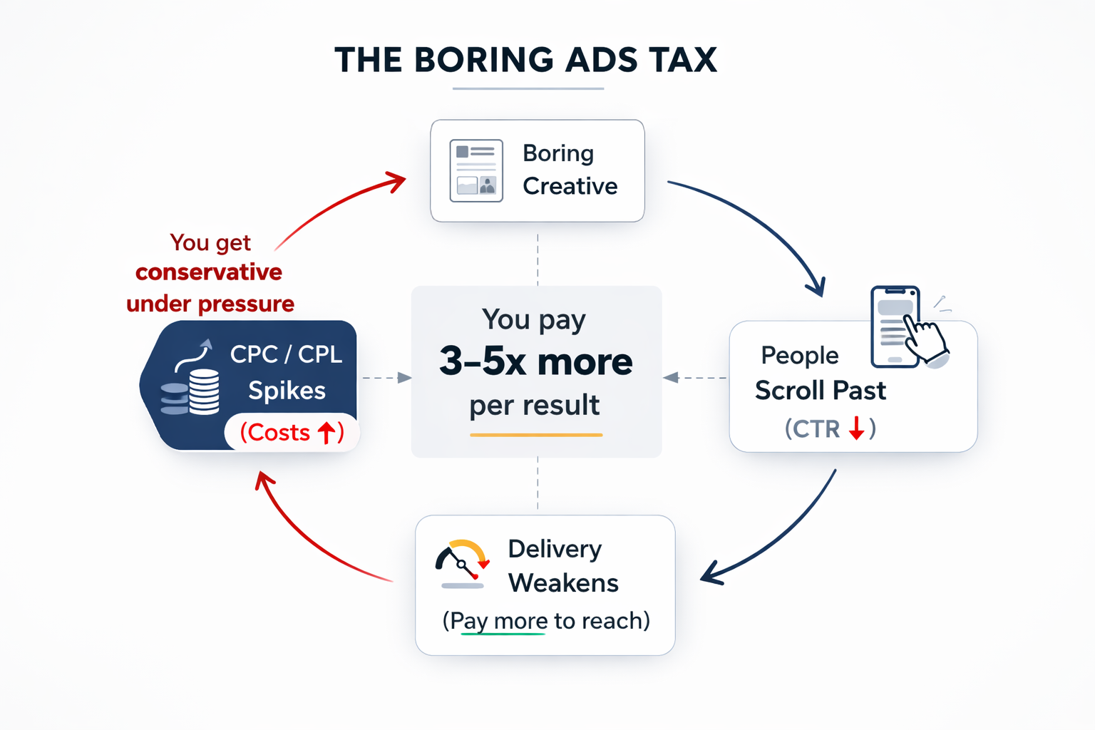 The Boring Ads Tax cycle: Boring Creative leads to People Scroll Past (CTR drops), which causes Delivery to Weaken (pay more to reach), leading to CPC/CPL Spikes (costs up), making you get conservative under pressure — and you pay 3-5x more per result.