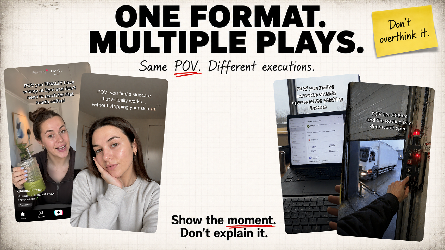 One Buyer POV ad format, multiple plays: same POV format applied to different B2C and B2B executions like skincare, energy drinks, phishing invoices and a stuck loading bay
