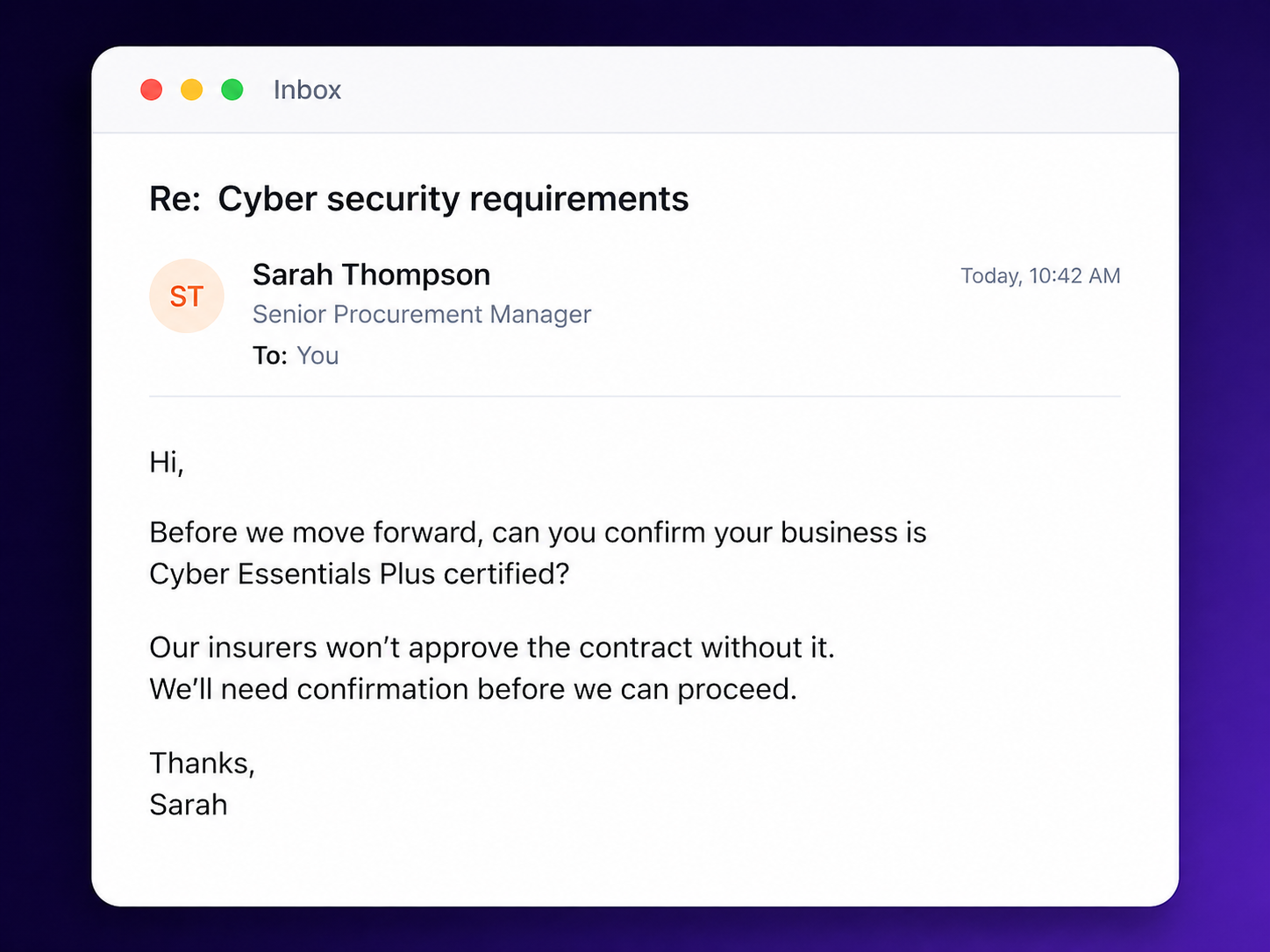 Deal Killer ad example: a screenshot of a procurement email from a Senior Procurement Manager asking to confirm Cyber Essentials Plus certification before the contract can proceed