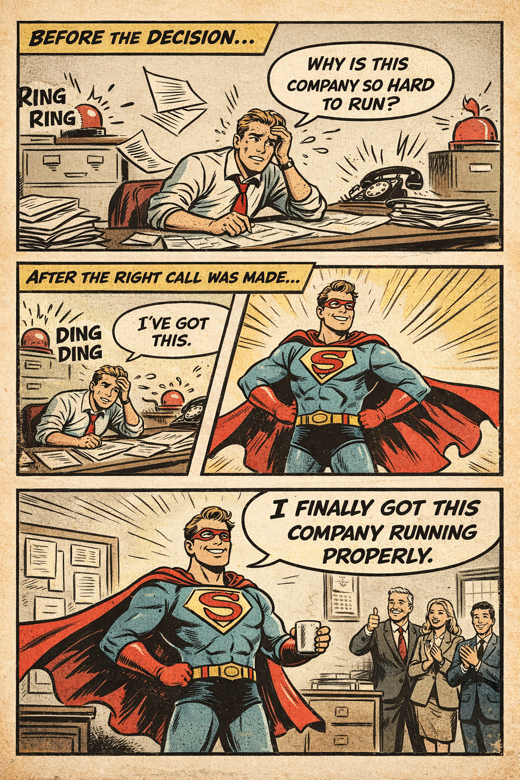 Comic strip showing the Ego Trip concept: a stressed business owner transforming into a superhero after making the right decision