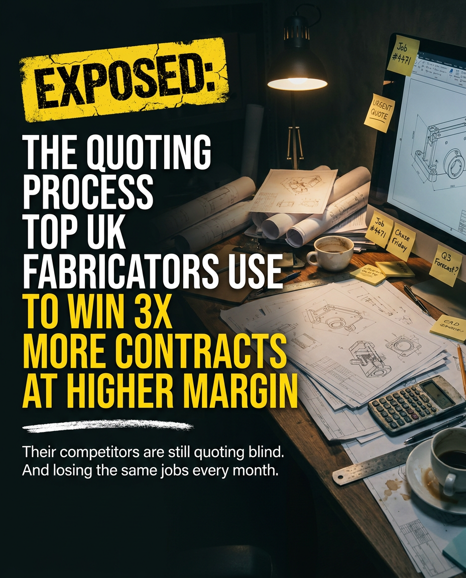 B2B ad example, Elite Secret EXPOSED-style poster ad about the quoting process top UK fabricators use to win 3x more contracts at higher margin