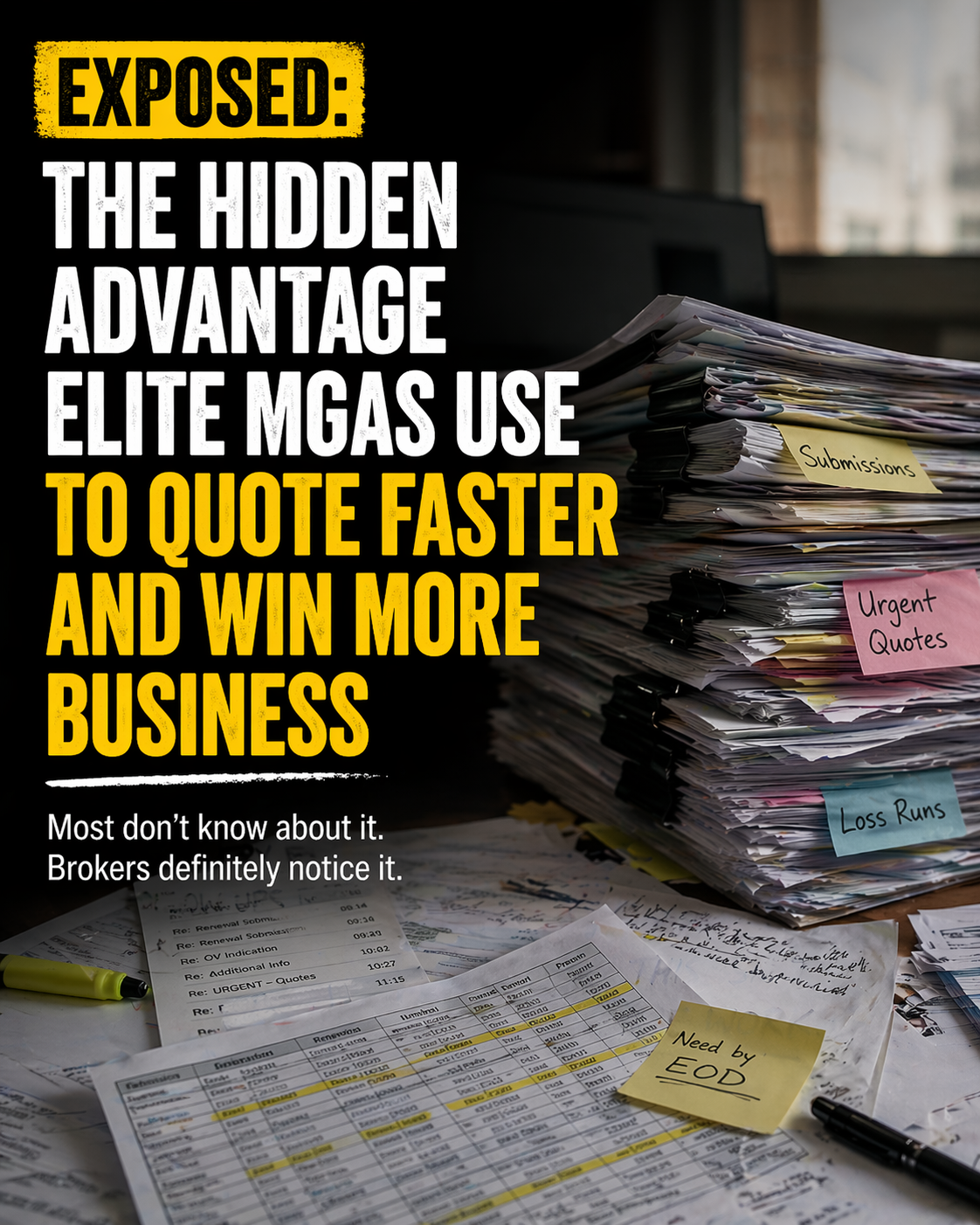 B2B ad example, Elite Secret EXPOSED-style poster ad about the hidden advantage elite UK MGAs use to quote faster and win more business