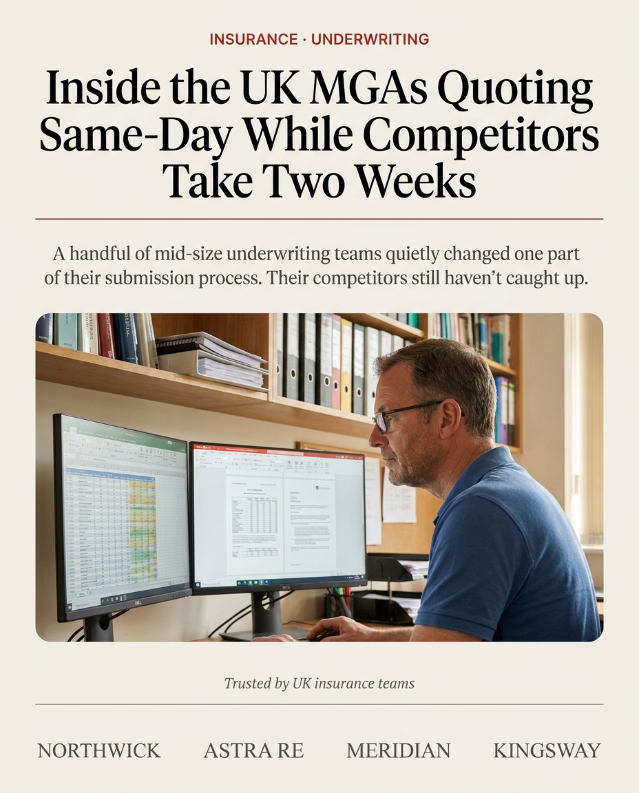 B2B ad example, Elite Secret advertorial concept for UK MGA underwriting teams quoting same-day while competitors take two weeks