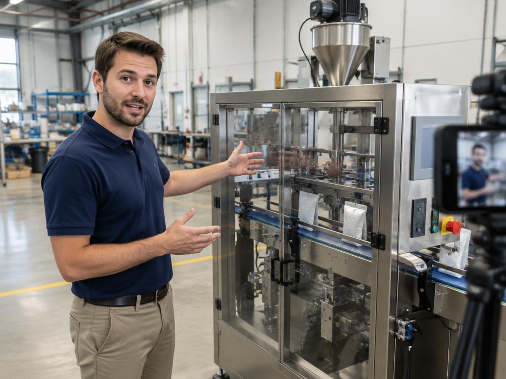 An engineer giving a filmed video sales demo next to a packaging machine