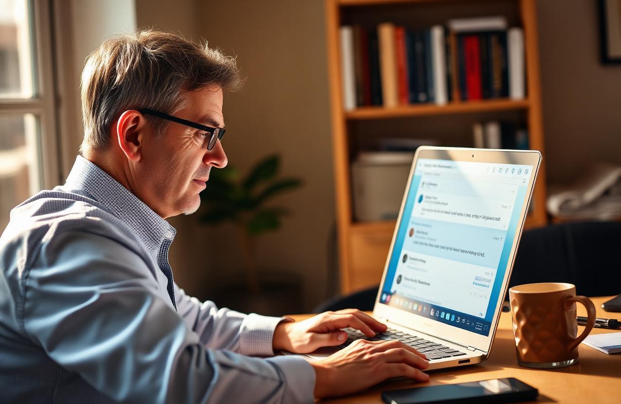 UK consultant looking at a LinkedIn inbox full of new enquiries on a laptop in a home office UK consultant looking at a LinkedIn inbox full of new enquiries on a laptop in a home office