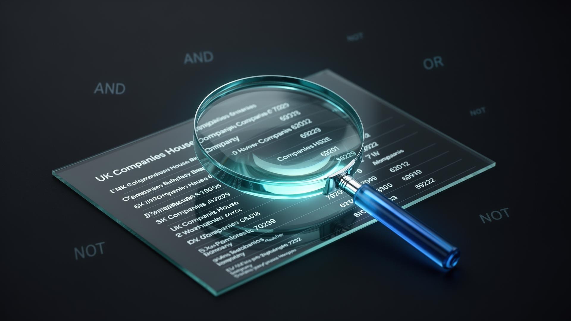 Magnifying glass over UK Companies House SIC code data with boolean operators AND OR NOT floating around it