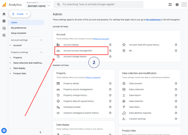 Google Analytics 4 Admin panel showing Property Access Management option for managing user permissions and adding new users