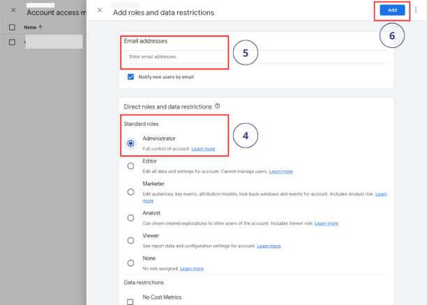 Google Analytics 4 role selection showing Editor, Analyst, Viewer, and Administrator options with data restriction toggles