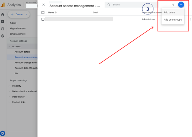 Google Analytics 4 add users dialog showing email field and notification checkbox for granting access to new team members