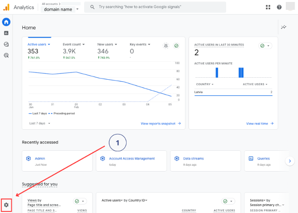 Google Analytics 4 homepage showing the Admin gear icon in the bottom-left sidebar for accessing property settings and user management