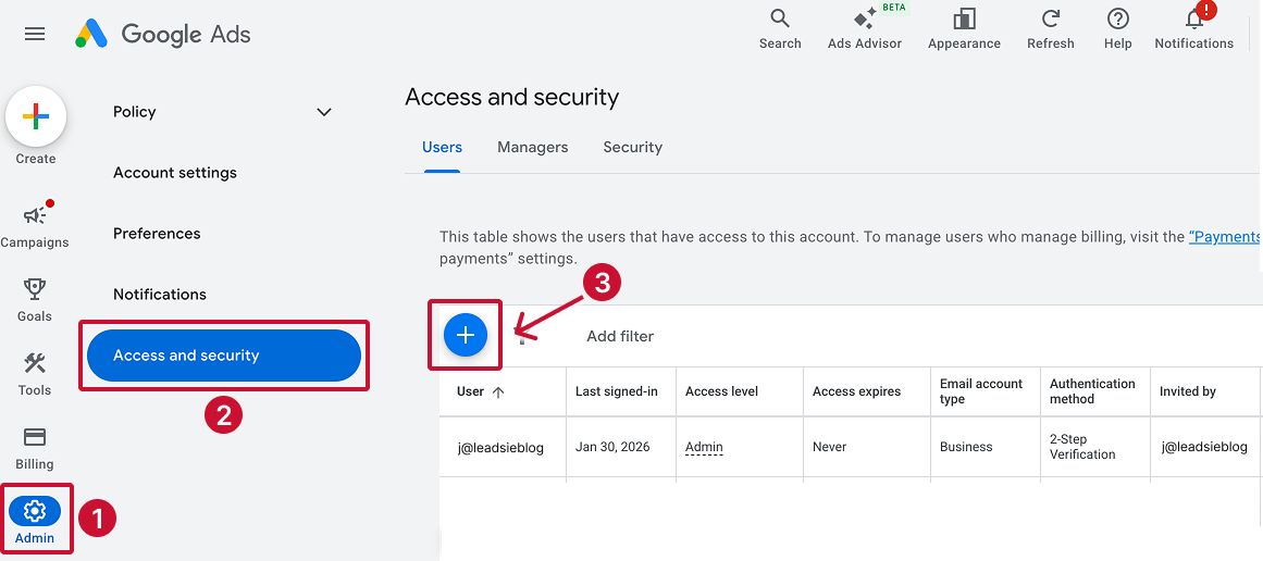 Google Ads interface showing Admin gear icon in the left sidebar, Access and security selected, and the blue + button to add a new user