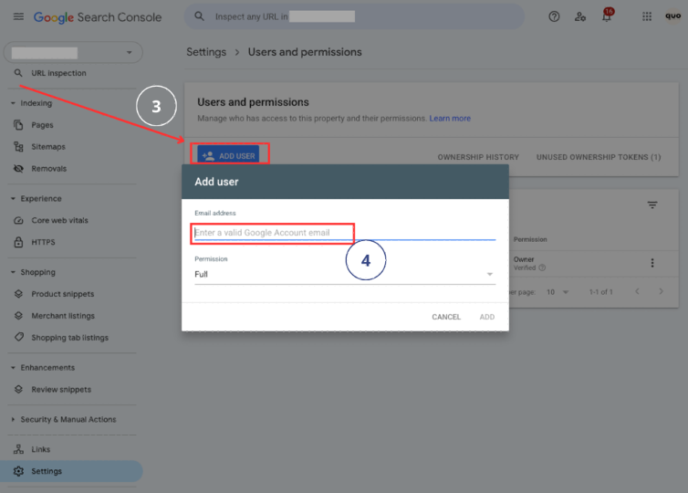 Google Search Console add user dialog showing email field and permission dropdown with Full and Restricted options