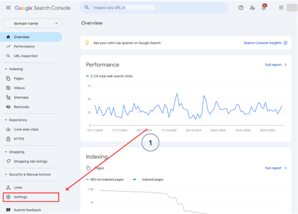 Google Search Console settings page showing the Settings option in the left sidebar for accessing user management and property configuration