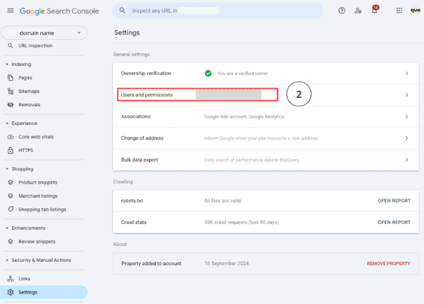 Google Search Console Users and permissions page showing current users with their access levels and the Add user button