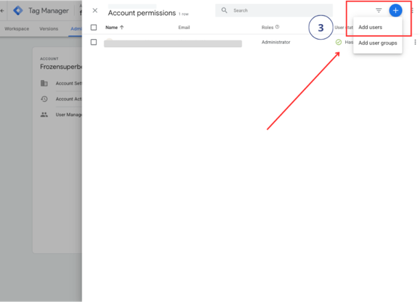 Google Tag Manager add user dialog showing email field and container permission options including Publish, Approve, Edit, and Read