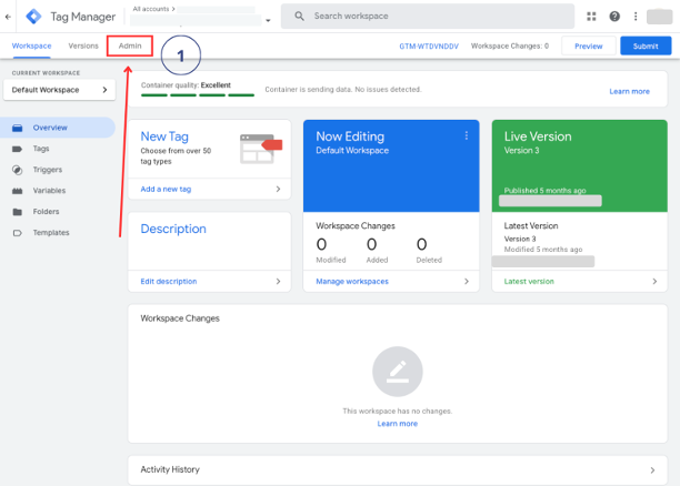 Google Tag Manager interface showing the Admin tab at the top of the page for accessing account and container settings
