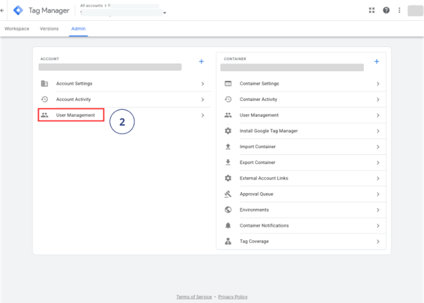Google Tag Manager Admin panel showing User Management option for viewing and adding users at account and container level