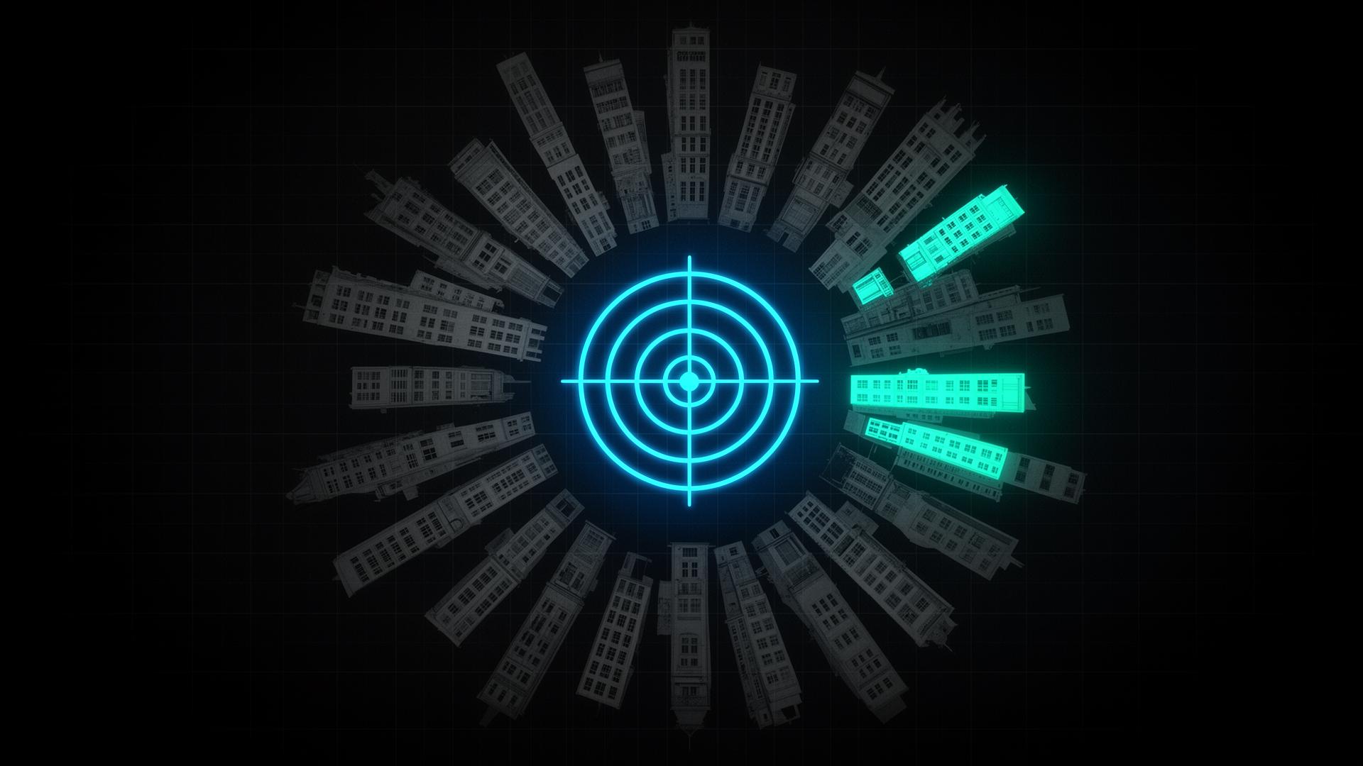 Bright blue target surrounded by company silhouettes, only a handful highlighted as ICP fits