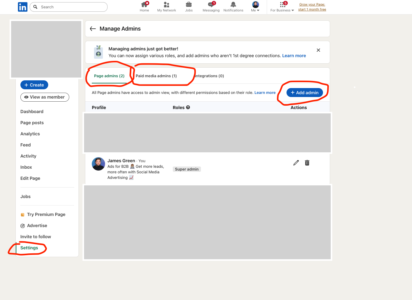 LinkedIn Campaign Manager add user interface showing email field and permission role dropdown for granting ad account access