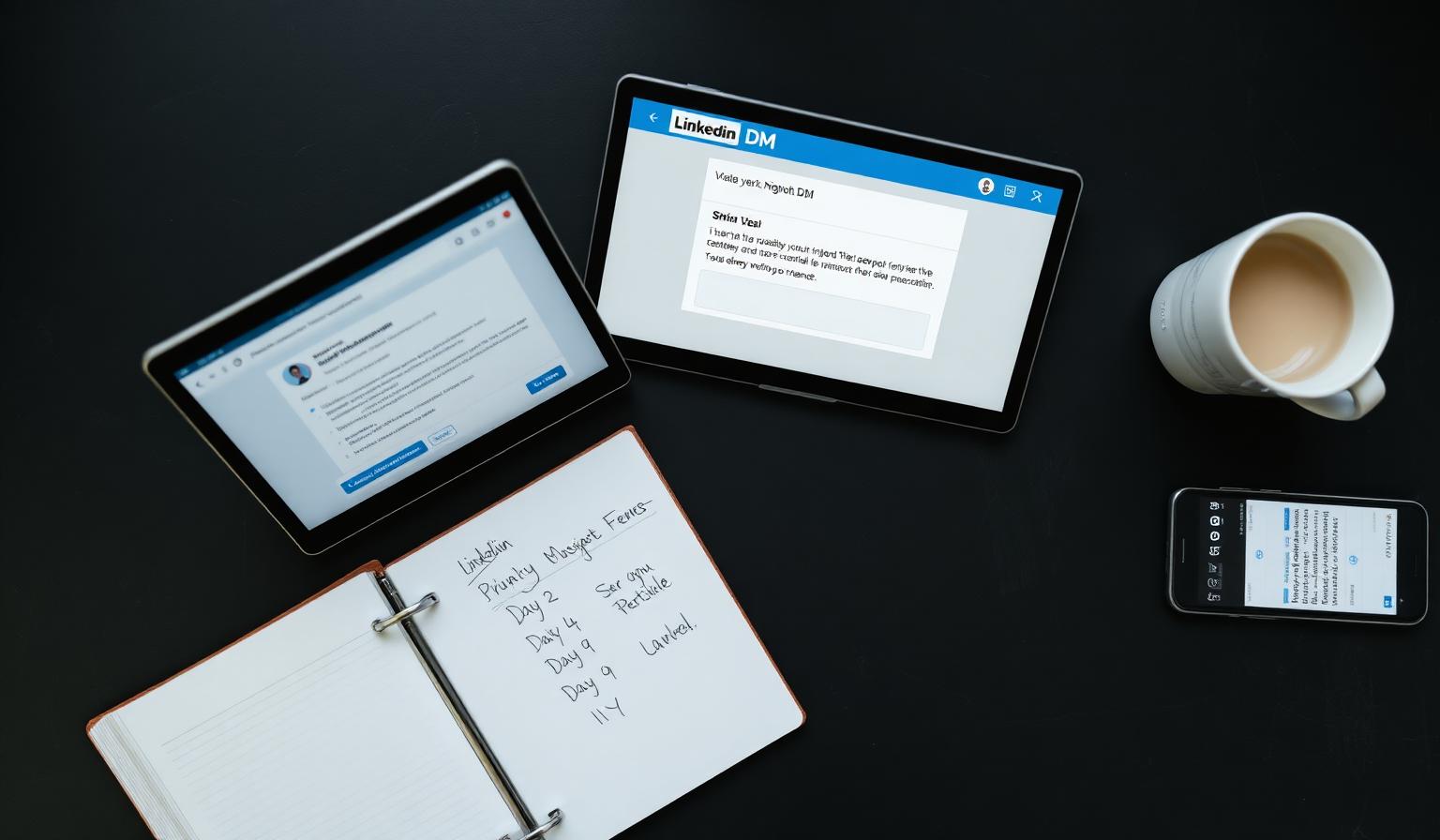 LinkedIn DM open on a laptop next to a paper planner with a handwritten 5-touch outreach cadence