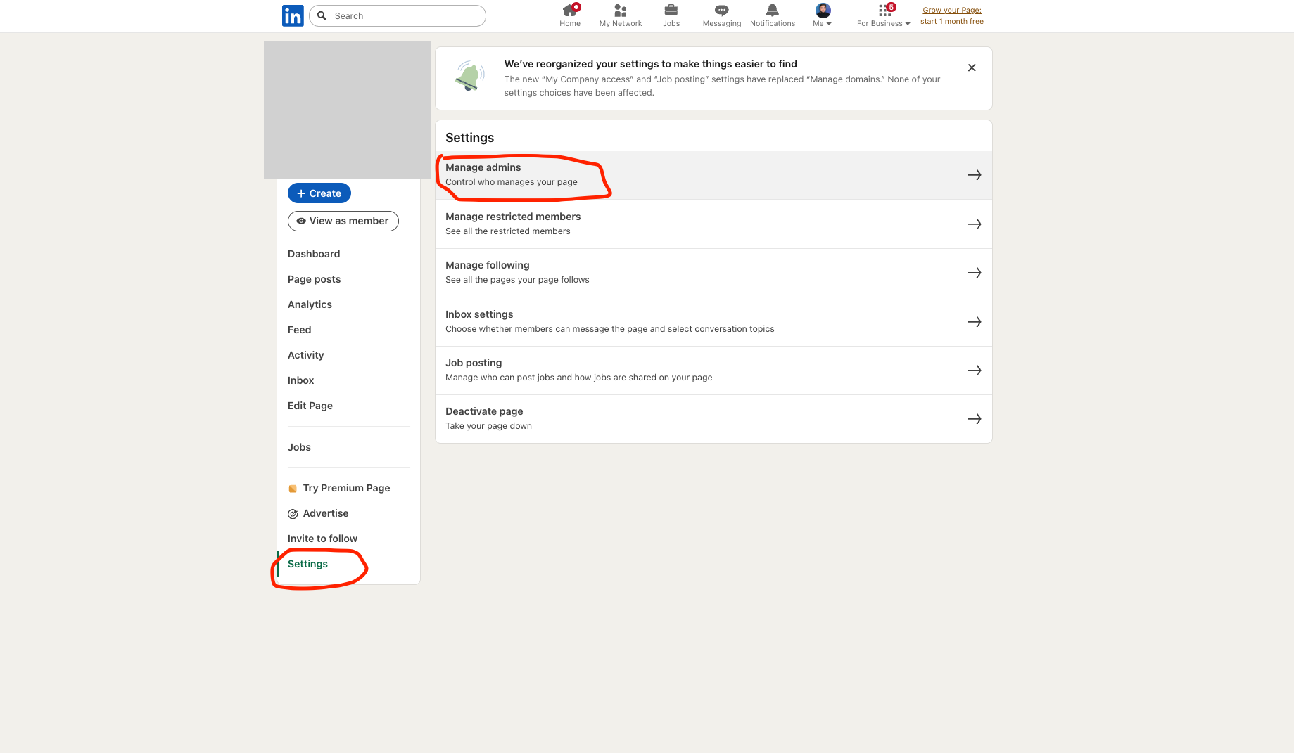 LinkedIn Company Page settings showing how to manage page admins and add Sponsored Content Poster access for agencies