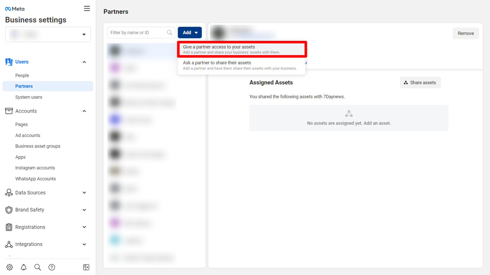 Meta Business Manager Add button dropdown showing 'Give a partner access to your assets' option