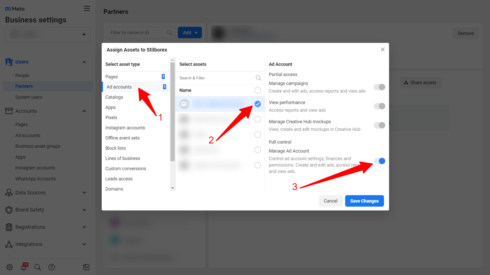 Meta Business Manager assign ad accounts to partner screen showing permission levels