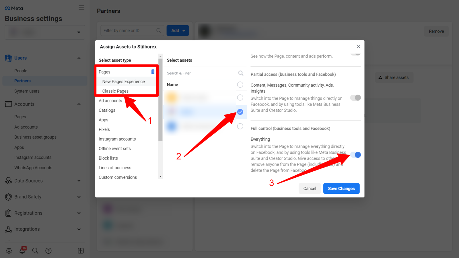 Meta Business Manager assign Facebook and Instagram pages to partner with content creation permissions