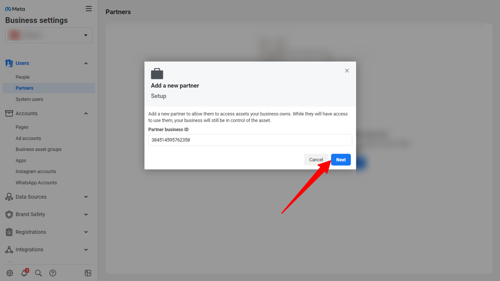 Meta Business Manager partner ID entry field where you paste the agency's Business ID number