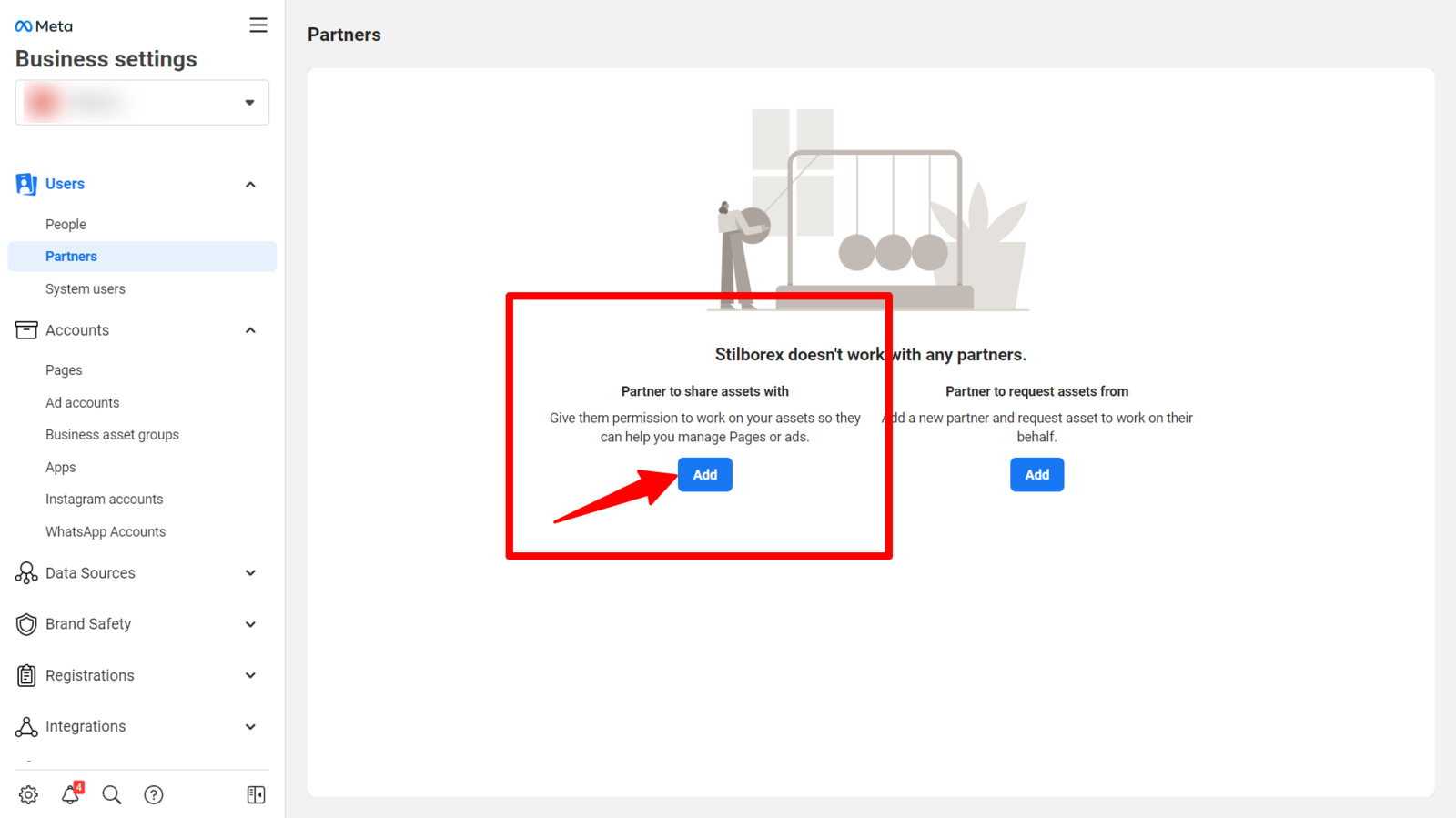 Meta Business Manager partners page showing where to find Partners in the left sidebar under Business Settings