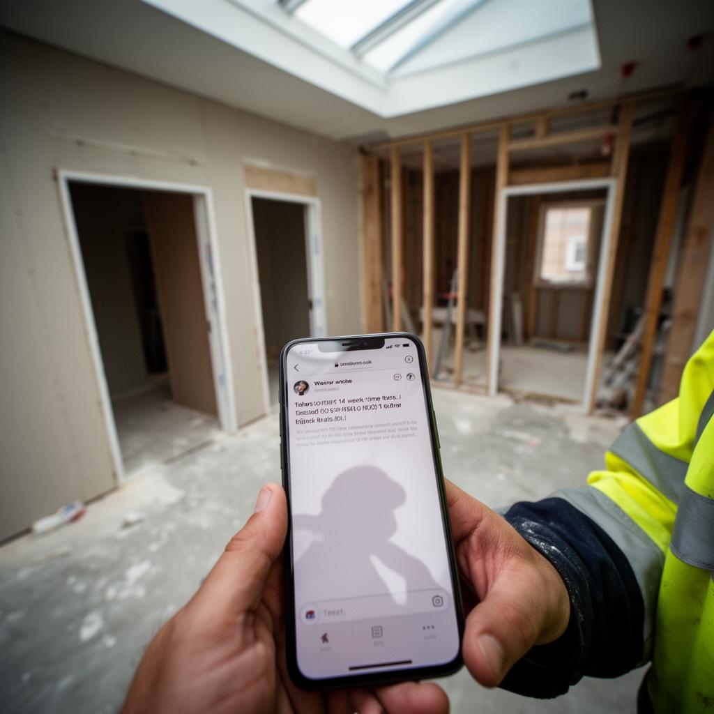 POV looking down at phone showing 14 week lead time email on a construction site with empty door frames