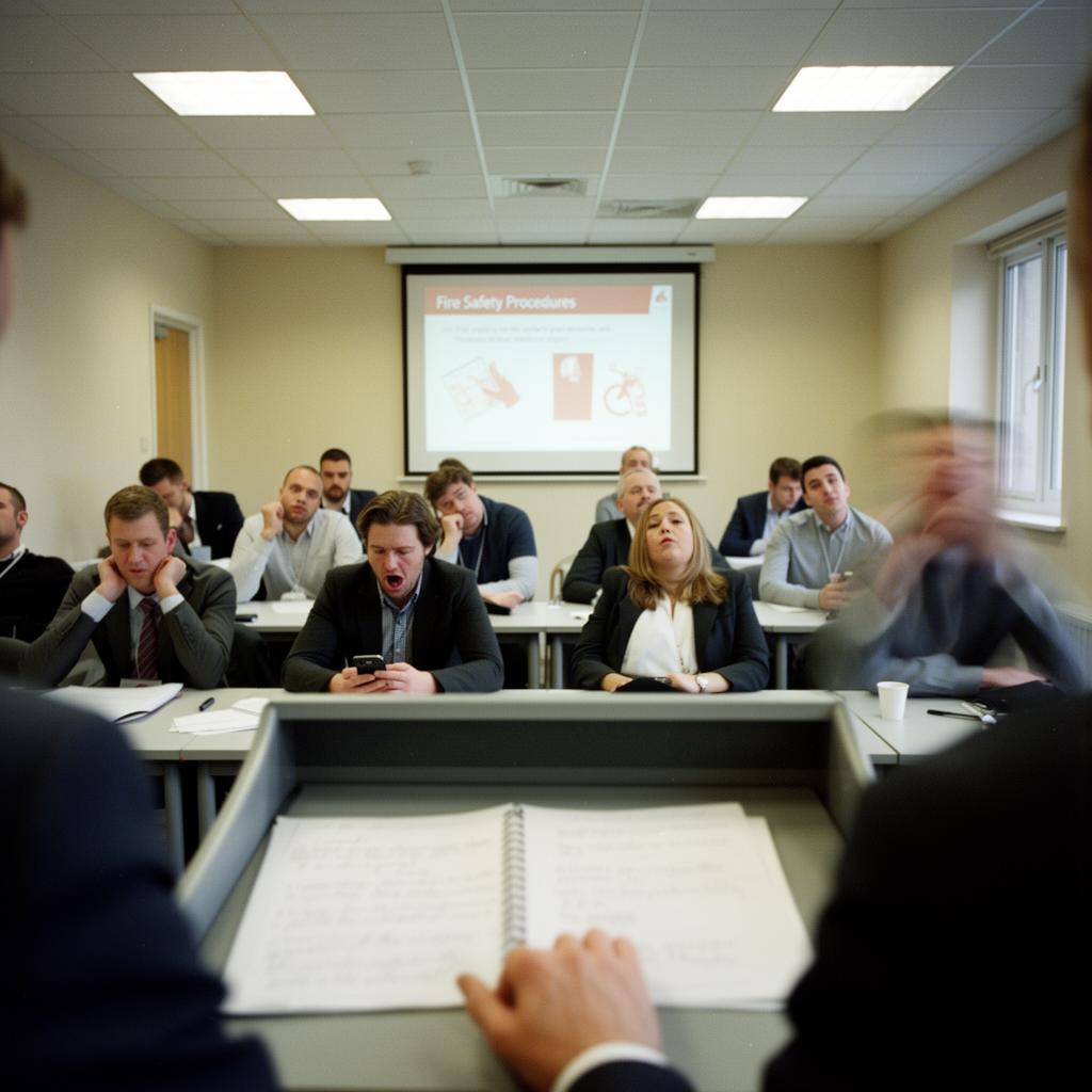 POV from behind a podium looking at a disengaged audience during a health and safety training session
