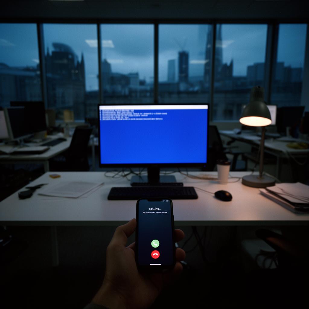 POV of an IT manager alone in a dark empty office staring at a blue screen error on Friday evening with phone showing no answer from IT support