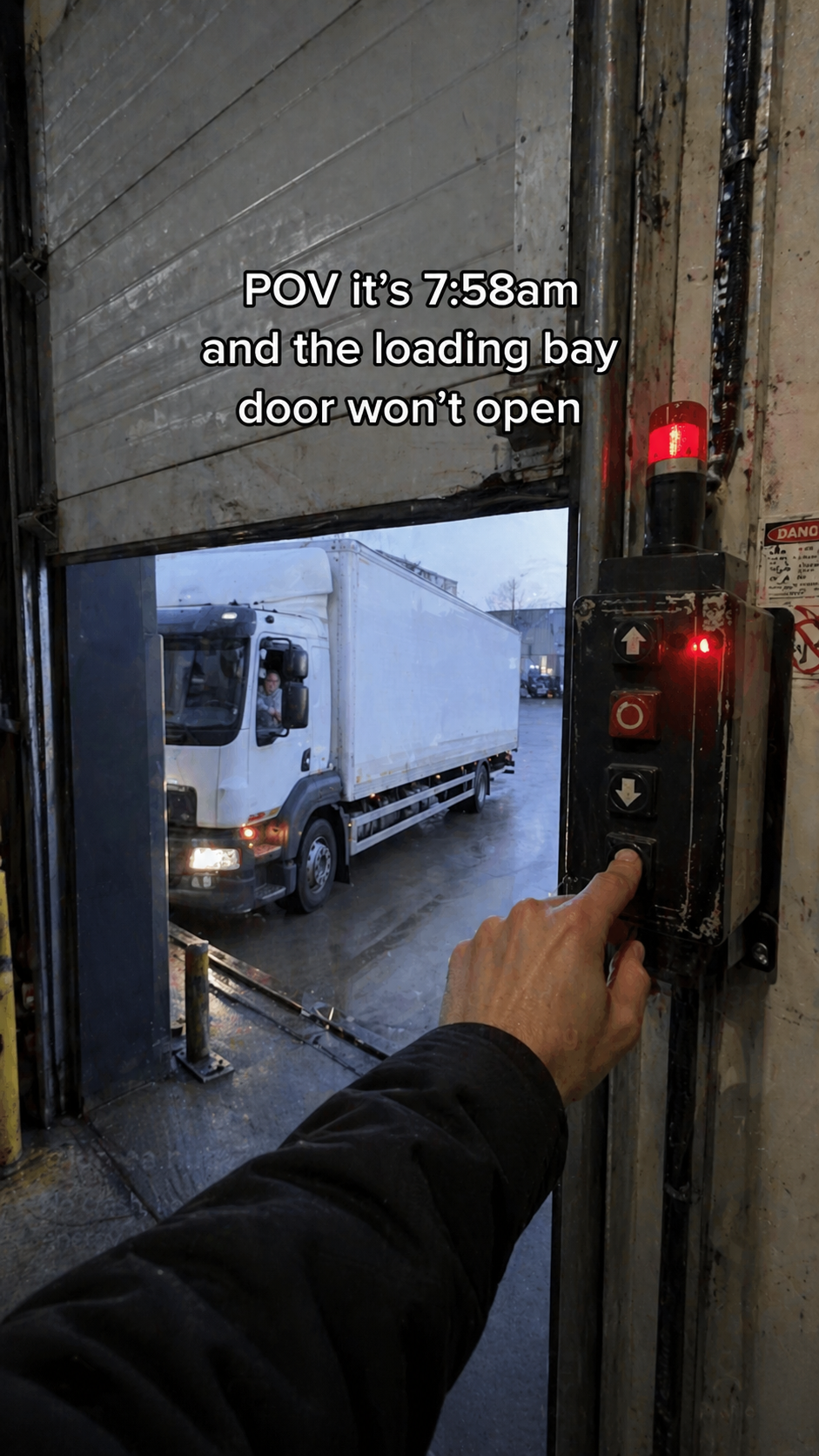 POV first-person view of a hand pressing a loading bay door button at 7:58am with a delivery truck waiting outside in the rain