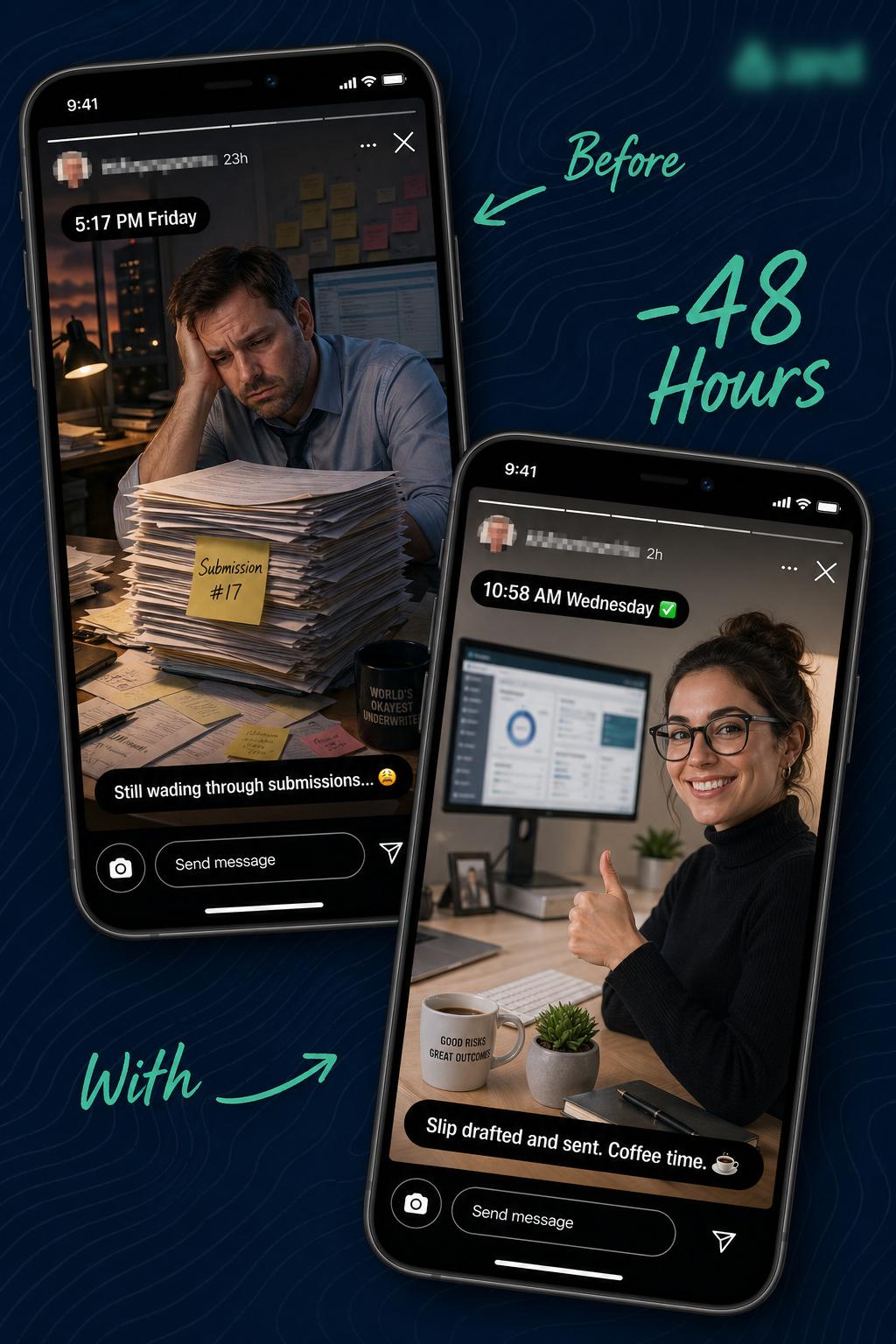 Buyer POV before and after example: an Instagram Stories diptych showing an underwriter buried in submissions on a Friday evening before Sytrex, and a confident underwriter sending a draft slip on Wednesday morning with Sytrex, framed as 48 hours saved