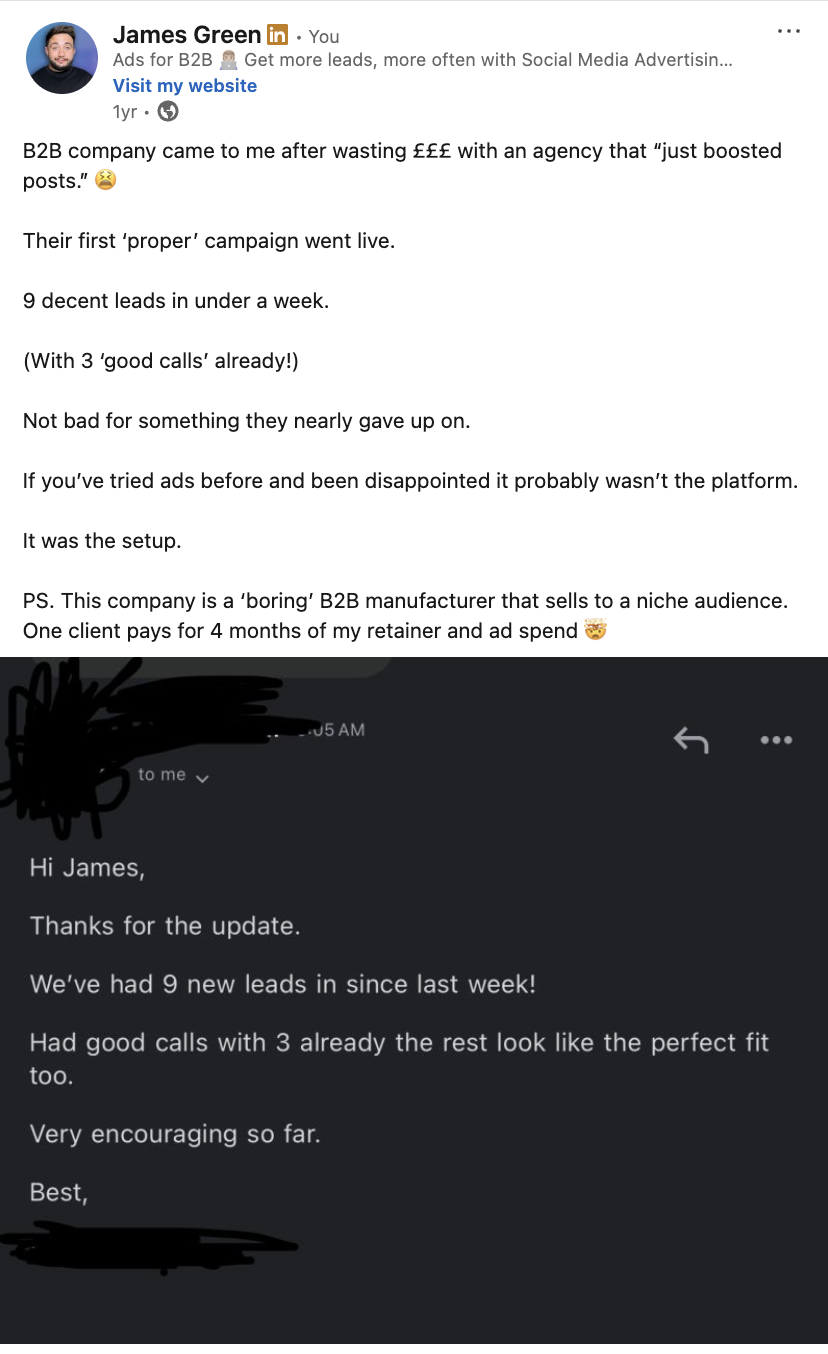 Example of a LinkedIn retargeting ad showing a follow-up nudge after a buyer has already visited the consultant's website Example of a LinkedIn retargeting ad showing a follow-up nudge after a buyer has already visited the consultant's website