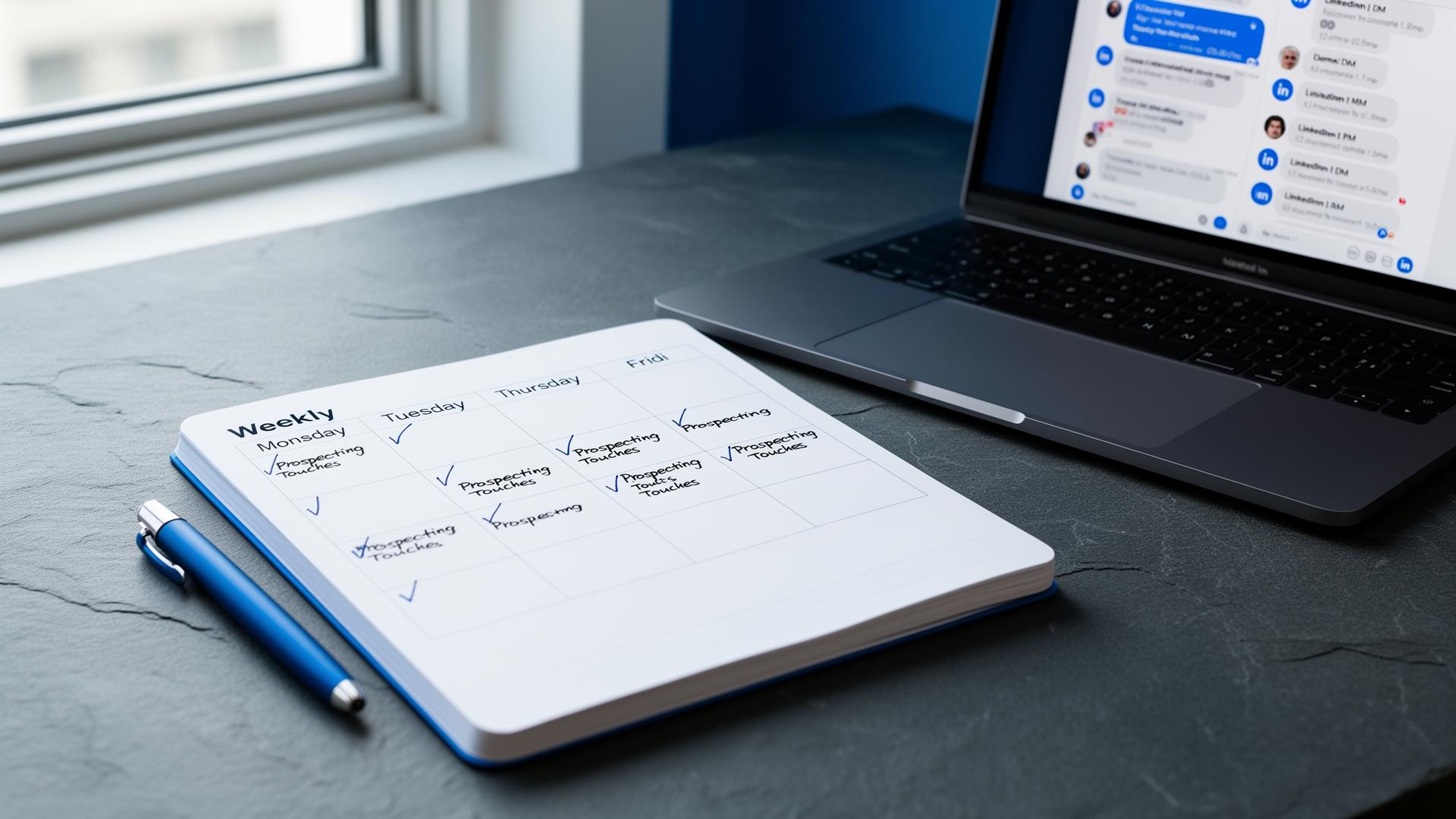 Weekly prospecting planner on a slate desk next to a laptop showing LinkedIn DMs in a structured 5-touch cadence