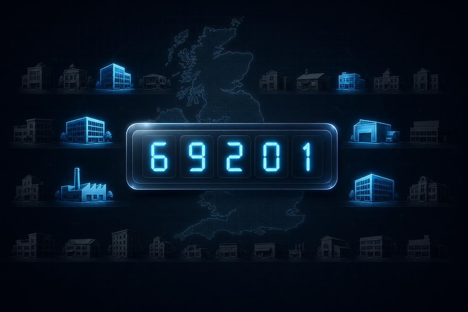 Glowing SIC code 69201 panel with UK B2B company silhouettes filtering through it