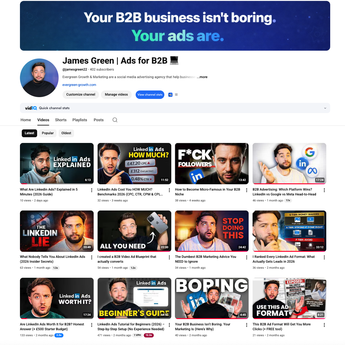 James Green Ads for B2B YouTube channel showing B2B advertising tutorials, LinkedIn Ads guides, and creative strategy videos