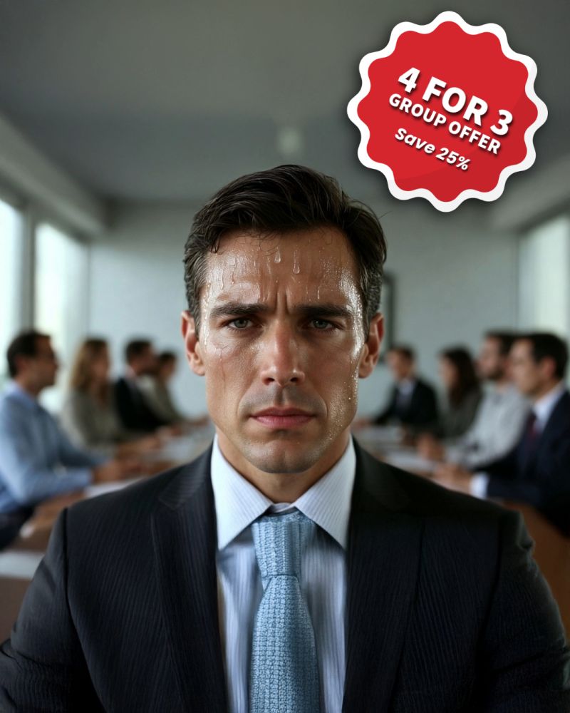 POV ad showing a nervous man in a boardroom with a 4 for 3 group offer sticker