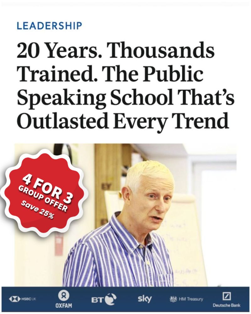 Advertorial ad about a long-running public speaking school with a group offer