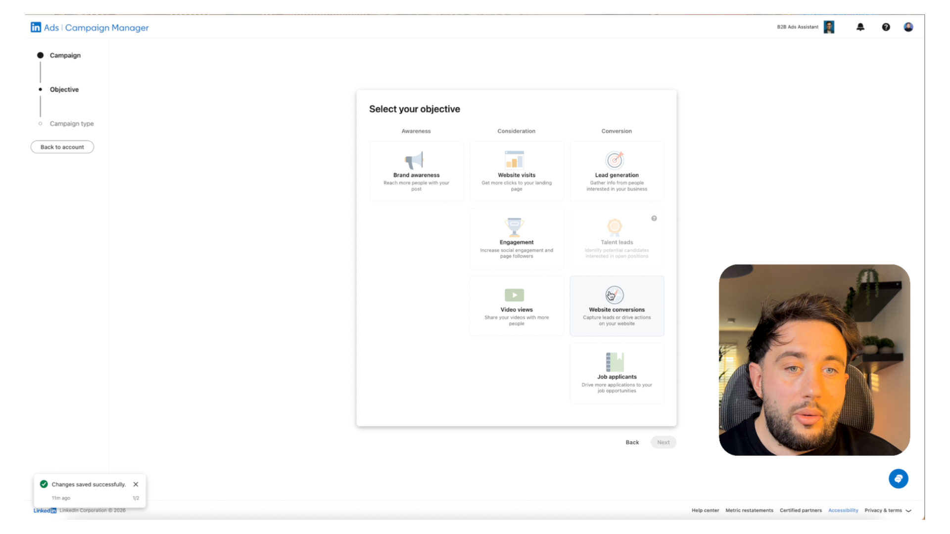 LinkedIn Ads campaign objectives 2026 - Awareness, Consideration and Conversion options for beginners including Brand awareness, Website visits, Lead generation, and Website conversions