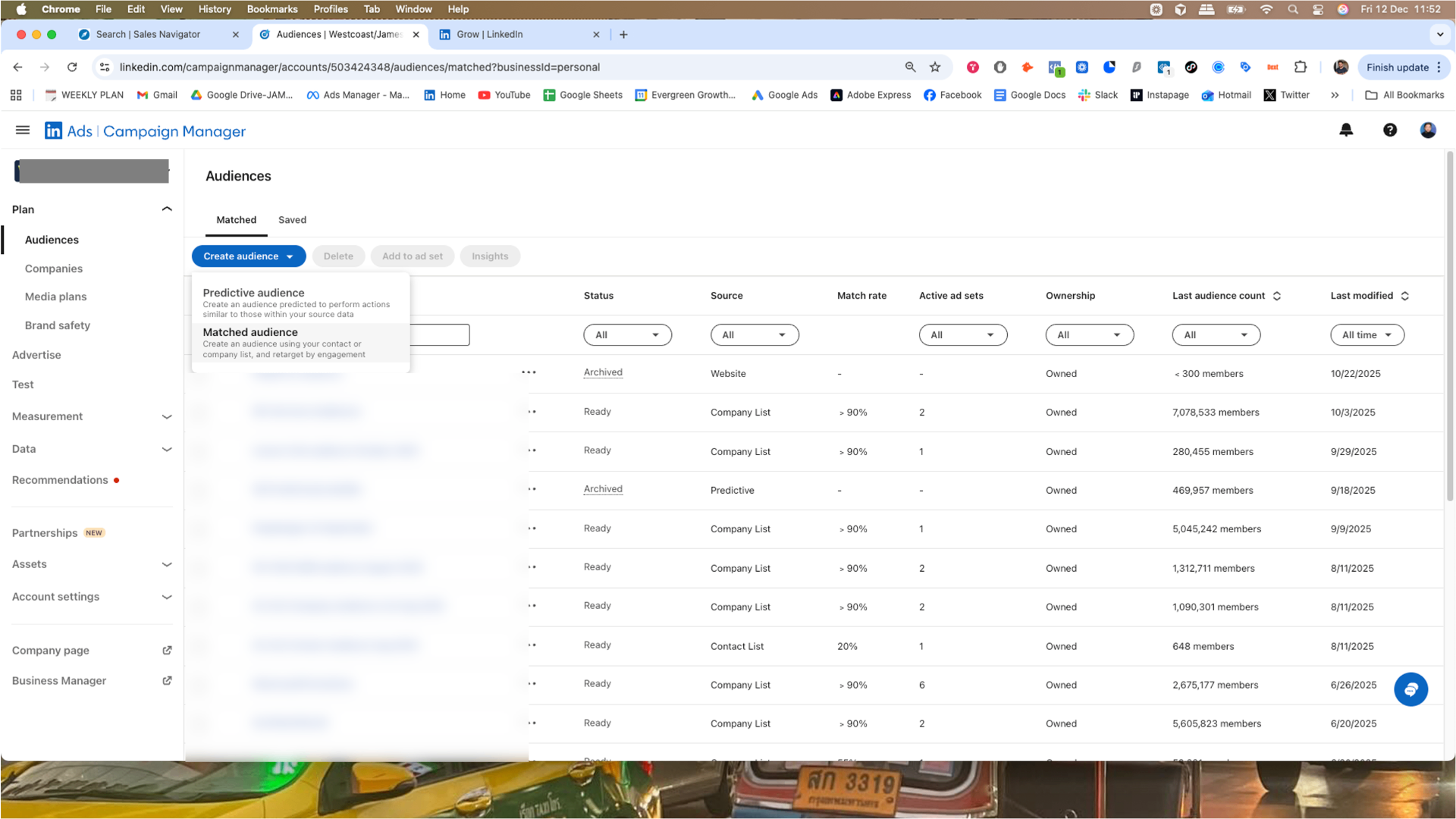 Click 'Create audience' then select 'Upload a list'